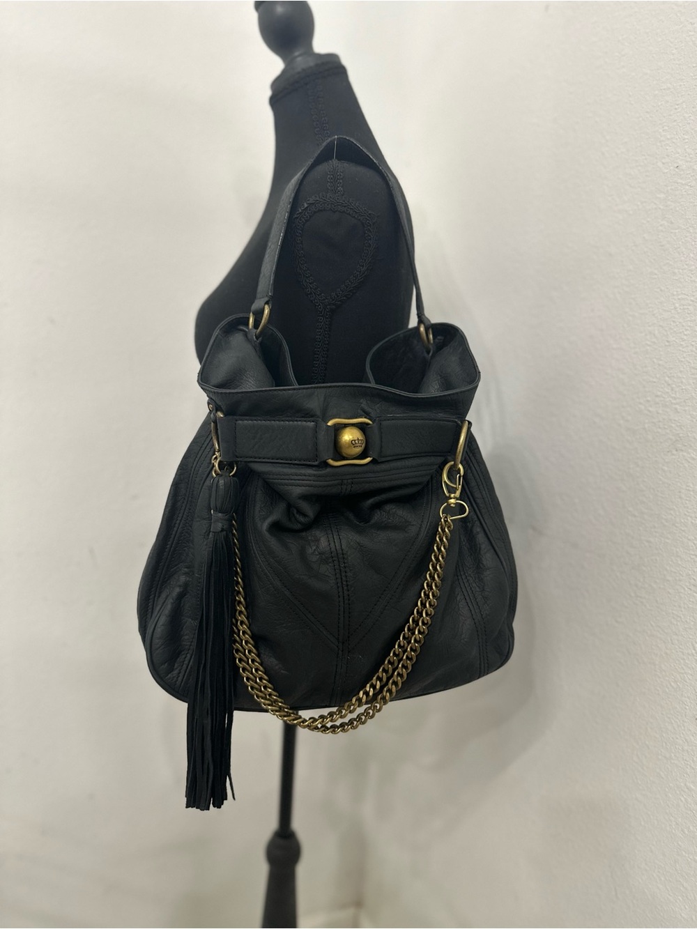 Juicy Couture Black Leather Hobo with Gold Chain & Tassel